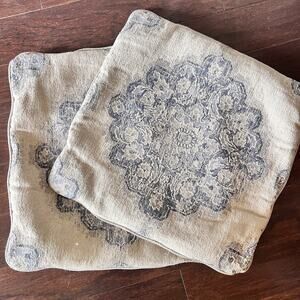 (2) Ashley Furniture Store 22”x22” Sofa Replacement Pillow Covers Beige/Blue